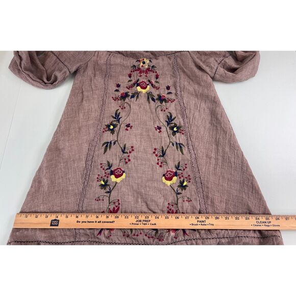 Umgee Women's Boho Floral Embroidered Long Sleeve Mini Dress Taupe Size S - Picture 10 of 12